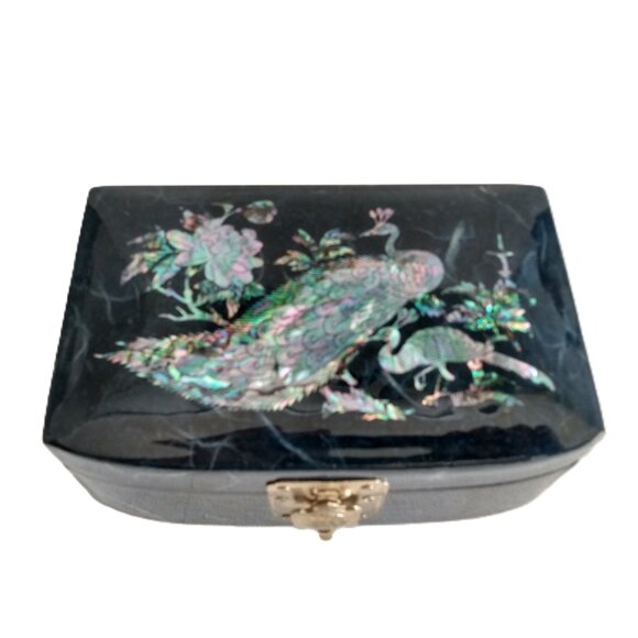 Vintage Lacquered Wood Mother Of Pearl Inlay Peacocks  Mirrored Blue Jewelry Box - Picture 1 of 13